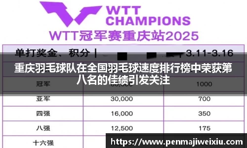 重庆羽毛球队在全国羽毛球速度排行榜中荣获第八名的佳绩引发关注